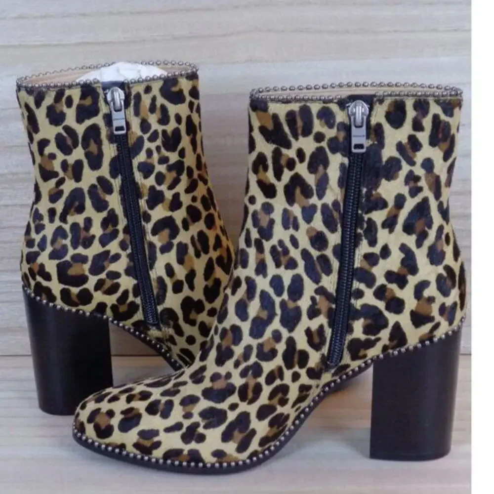 Coach Drea Beadchain Heeled Lepoard Printed‎ Haircalf Bootie Side Zip Womens 6